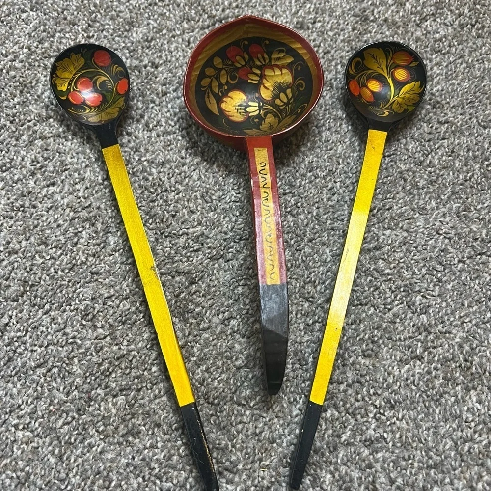 vintage painted lacquered spoons Russian Khokhloma ladle large spoon lot